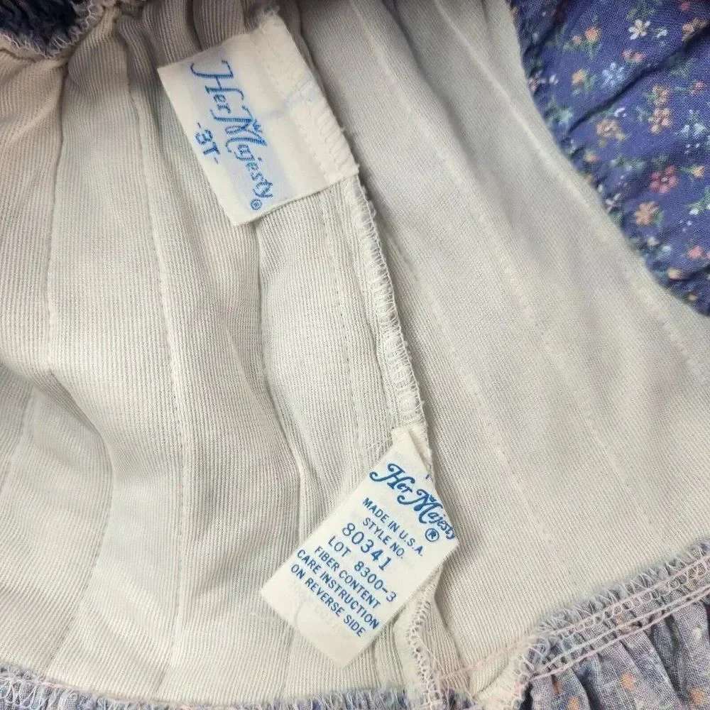 Vintage 80s Her Majesty Girls 3T Jumper Dress Blue Quilted Floral Prairie